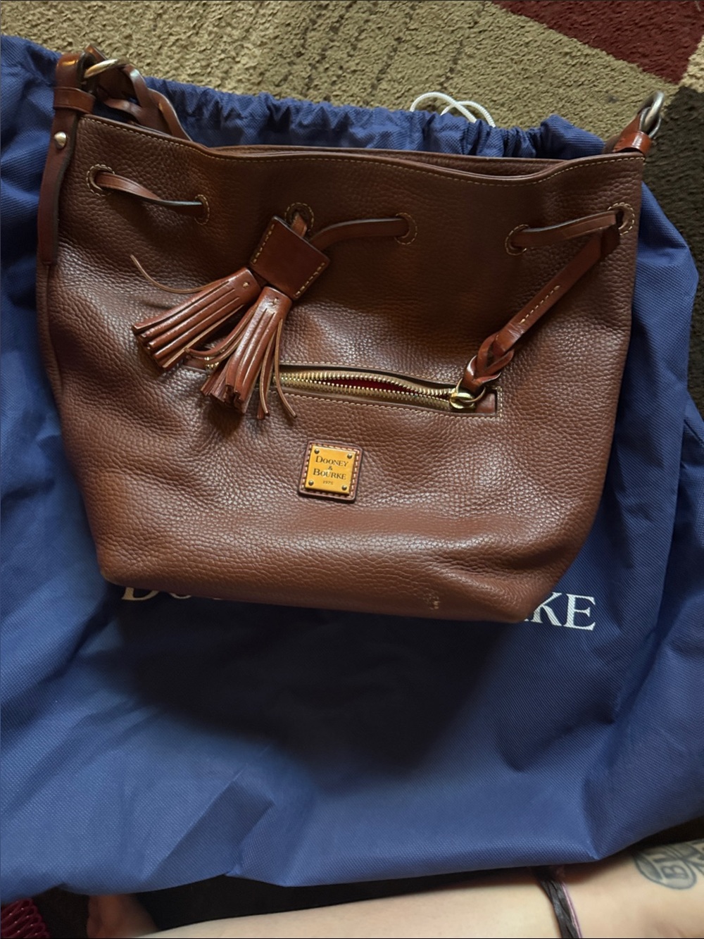 Dooney & Bourke Cognac Brown Pebbled Leather Tassel Drawstring Shoulder Bag